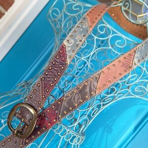 Genuine Leather Belt Metal Studded Embossed Patchwork Bohemian Tooled Womens